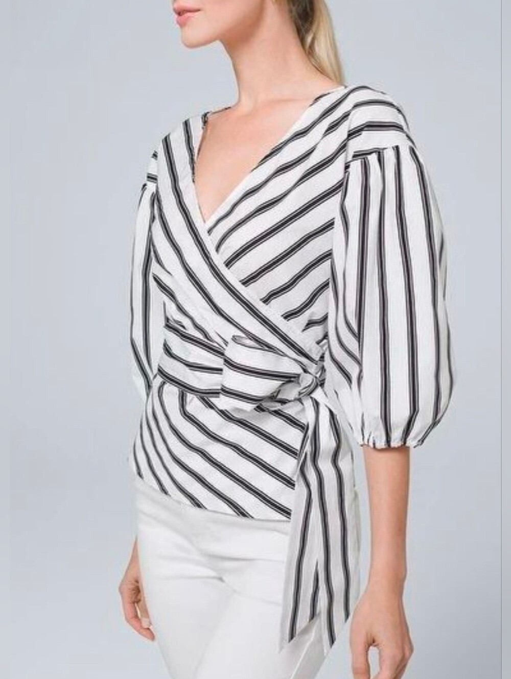 White House Black Market NWOT Striped Poplin 3/4 Sleeve True Wrap Blouse Small